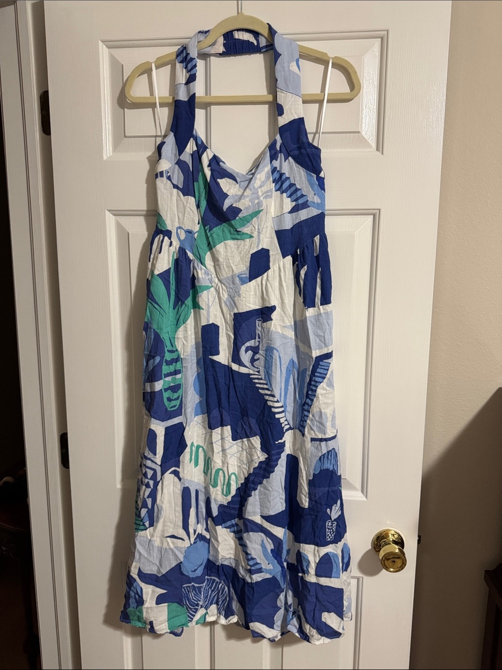 Sleeveless Midi Halter Dress in Blue, White & Green Tropical Print